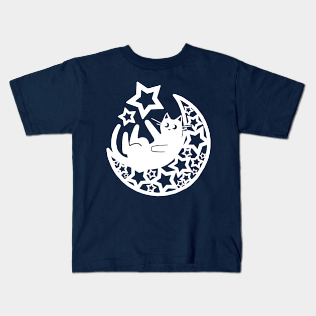 Starry Lunar Cat in the Moon - White Ink Kids T-Shirt by NonDecafArt